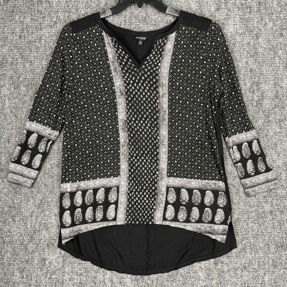LUCKY BRAND TOP WOMENS M BLACK TUNIC BALI BOHO FESTIVAL SPLIT V-NECK LIGHTWEIGHT - Picture 2 of 10